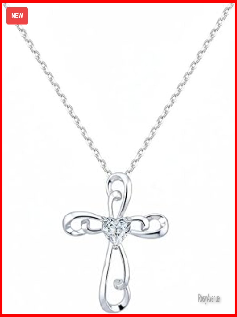 925 Sterling Silver Cross Necklace With Heart Zirconia Pendant Adjustable Chain